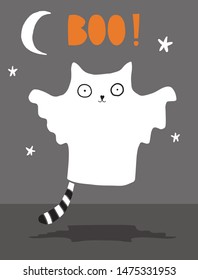 Funny Halloween Vector Illustration with Ghost Cat.  Scary Cat in Ghots Costume Isolated on the Dark Gray Background. Night Sky with Moon and Stars.Halloween Vector Print for Card, Poster,Invitation.