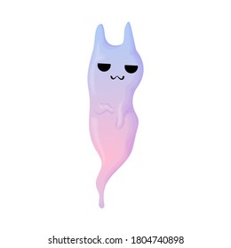 Funny Halloween Vector Illustration with Ghost Cat. Cute ghost with cat ears in purple and blue colors. Isolated on white background.