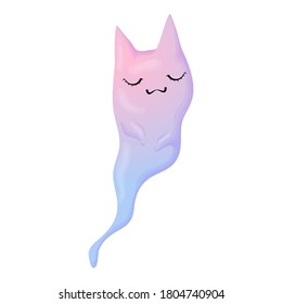 Funny Halloween Vector Illustration with Ghost Cat. Cute ghost with cat ears in purple and blue colors. Isolated on white background.