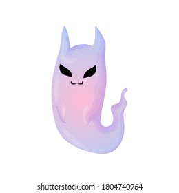 Funny Halloween Vector Illustration with Ghost Cat. Cute ghost with cat ears in purple and blue colors. Isolated on white background.