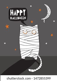 Funny Halloween Vector Illustration with Mummy Cat and Mummy Moon.Scary Cat Wrapped with Bandages Standing in the Moonlight. Night Sky with White Moon and Orange Stars. Halloween Art for Card, Poster.