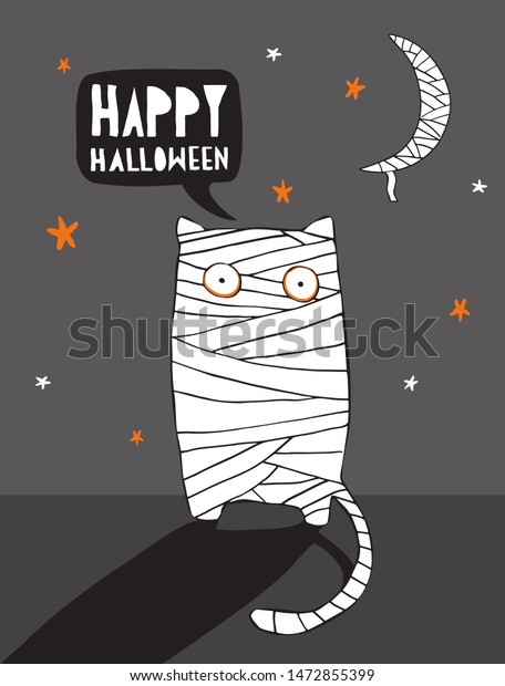 おかしなハロウィーンのベクターイラストとミイラ猫とミイラの月 月光の下に包帯を巻いた怖い猫 白い月とオレンジの星を持つ夜空 カード用のハロウィーンアート ポスター のベクター画像素材 ロイヤリティフリー