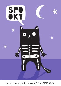 Funny Halloween Vector Illustration with Sceleton Cat.Scary Cat in Skeleton Costume Isolated on the Violet Background. Night Sky with Moon and Stars.Halloween Vector Print for Card, Poster,Invitation.