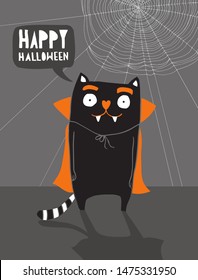 Funny Halloween Vector Illustration with Vampire Cat and Cobweb.Scary Cat on the Dark Gray Background. Night Sky with Spider Web and Dracula Cat. Halloween Vector Print for Card, Poster, Invitation.