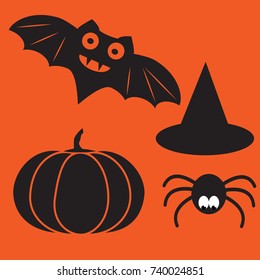 Funny halloween vector mystery vampire silhouettes. Dark spooky bats monsters isolated from orange background.