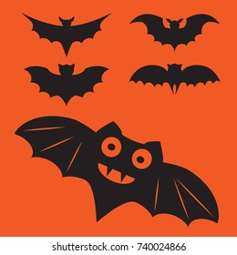 Funny halloween vector mystery vampire silhouettes. Dark spooky bats monsters isolated from orange background.