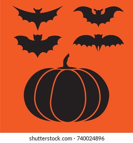 Funny halloween vector mystery vampire silhouettes. Dark spooky bats monsters isolated from orange background.