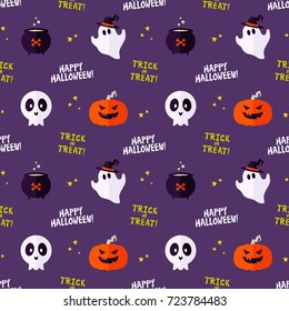 Funny Halloween vector seamless pattern with pumpkins, ghosts, cauldrons with potion and skulls 
