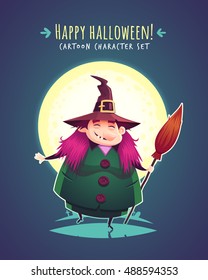 Funny Halloween witch with broom. Vector character illustration