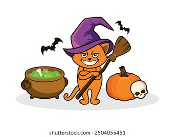 Funny halloween witch orange cat with purple hat and broom vector illustration. Spooky cartoon cat in witch costume with cauldron, pumpkin, skull. Witch cat with crossed arms drawing