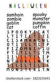 Funny halloween word search puzzle for kids stock vector illustration. Simple educational game with english language game. 