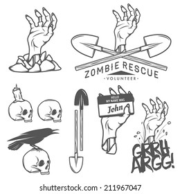 Funny Halloween zombie labels, signs and design elements