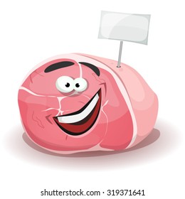 Funny Ham Character With White Label Stick/
Illustration of a cartoon funny ham character, happy And smiling, with lard and white blank label sign, for delicatessen mascot