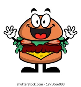 Funny Hamburger cartoon characters greeting, suitable for sticker, mascot and logo of fast food restaurant
