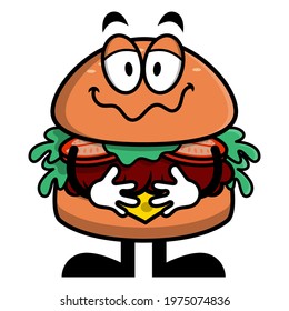 Funny Hamburger cartoon characters holding the stomach because starving, good for sticker, decoration, mascot for fast food restaurant business