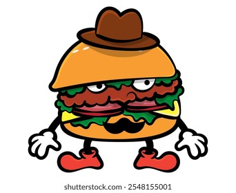 Personagens engraçados do desenho animado Hamburger usando chapéu fedora e bigode. Melhor para adesivo, decoração, logotipo e mascote com temas de comida de rua