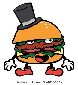 Divertidos personajes de dibujos animados de hamburguesa con sombrero de mago. Mejor para la etiqueta engomada, la decoración, el logotipo, y la mascota con los temas de la comida de la calle