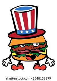 Divertidos personajes de dibujos animados de hamburguesa con la bandera estadounidense Hat. Mejor para la etiqueta engomada, la decoración, el logotipo, y la mascota con los temas de la comida de la calle