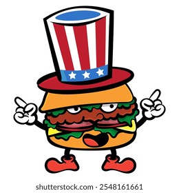 Divertidos personajes de dibujos animados de hamburguesa con sombrero de bandera estadounidense y celebran el Día de la Independencia. Mejor para la etiqueta engomada, la decoración, el logotipo, y la mascota con los temas de la comida de la calle