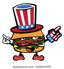 Divertidos personajes de dibujos animados de hamburguesa con la bandera estadounidense Sombrero y campaña con guantes No.1. Mejor para la etiqueta engomada, la decoración, el logotipo, y la mascota con temas de la democracia americana