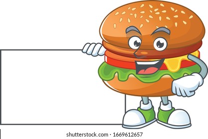 Funny hamburger cartoon design Thumbs up with a white board