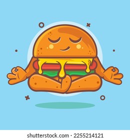 funny hamburger food character mascot with yoga meditation pose isolated cartoon in flat style design 