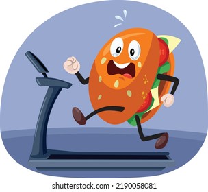 
Funny Hamburger Laufen auf einer Treadmill Vektorgrafik Illustration. Aktives Sandwich bei Kardio-Übung 
