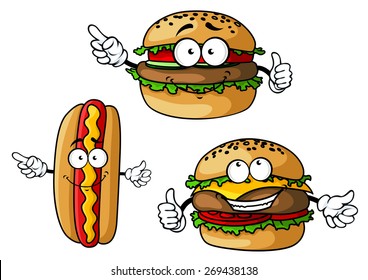 Funny Hamburgers And Hot Dog Cartoon Characters With Appetizing Patties, Sausage, Vegetables, Cheese And Mustard Isolated On White Background For Fast Food Cafe Or Restaurant Menu Design