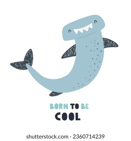 Funny hammerhead shark, children's print, marine character in flat doodle style. Vector.