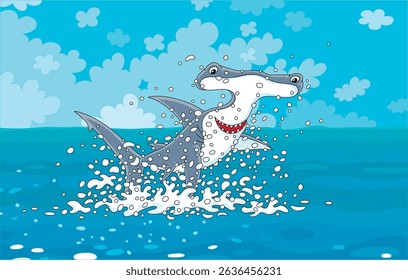 Funny hammerhead shark with insidious smile, in splashes, jumping out of blue water in a tropical sea, vector cartoon illustration isolated on a white background