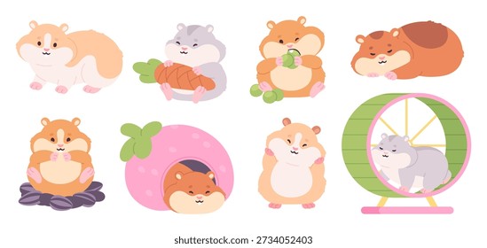 Funny hamster characters. Fluffy hamsters eating sleeping and running in wheel. Cute cartoon rodents, isolated children animal mascots, racy vector set