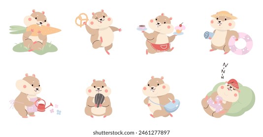 Lustiger Hamster. Niedliche Cartoon Hamster in verschiedenen Situationen. Flauschige Haustiere spielen und essen, schlafen und laufen, heutzutage Vektorgrafik Clipart