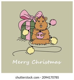 Famoso hámster preparándose para la Navidad, enredado en una guirnalda y preparado un regalo. Estilo Doodle