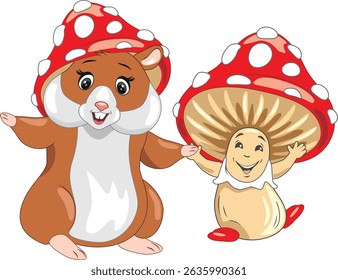 Funny hamster and happy amanita. Vector