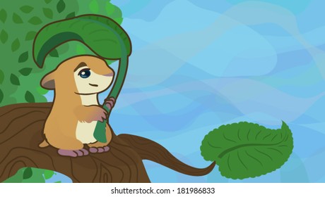 Funny hamster with leaf sitting on branch
