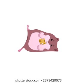 Funny hamster lies on side and eats cheese flat style, vector illustration isolated on white background. Decorative design element, cute pet, little rodent animal