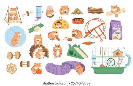 Funny hamster. Pet accessories collection cage toys and food recent vector flat illustration of hamster life style