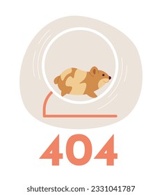 Funny hamster running in wheel error 404 flash message. Empty state ui design. Page not found popup cartoon image. Vector flat illustration concept on white background