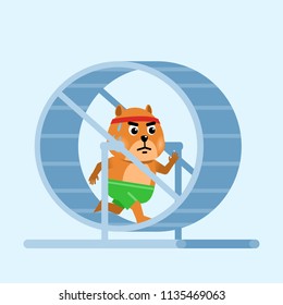 Funny hamster running in the wheel. Fitness concept, healthy life style. Flat design vector illustration