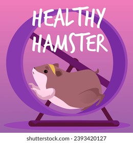 Funny hamster running in a wheel, vector illustration. Cute fluffy pet run in toy sport wheel, domestic furry rodent on card or poster. Home animal. Drawn in flat cartoon style.