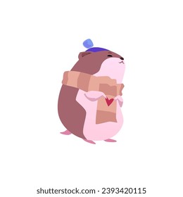 Funny hamster in a scarf, vector illustration on white background, flat cartoon vector illustration on white background. Cute fluffy pet, domestic furry rodent. Drawn in flat cartoon style