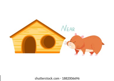 Funny Hamster Standing Near Wooden House Showing Preposition of Place Vector Illustration