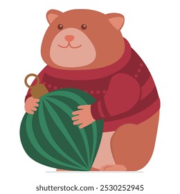 Funny hamster wearing a winter sweater and holding a Christmas ball, isolated