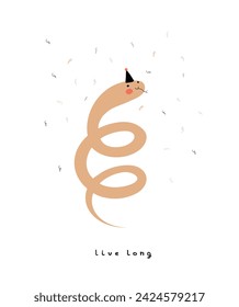 Funny Hand Dawn Birthday Card with Cute Snake Wearing Party Hat, Confetti and Handwritten Wishes. Live Long. Lovely Infantile Style Vector Print Perfect for Birthday Wishes, Greetings. Party Snake.