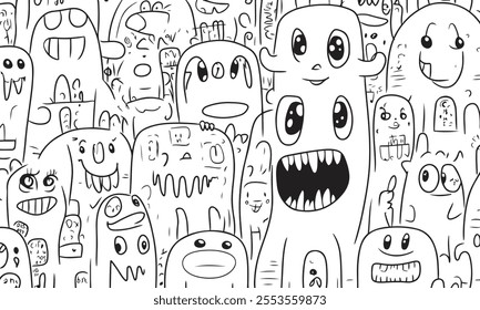 Funny hand dawn black and white Monster faces Doodle art pattern for creative project and  backgrounds 