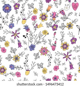 Funny hand draw background with Floral blooming pattern.  Vector seamless pattern. Vector.