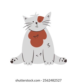 Funny hand draw kitten. Cute gray cat with spots sits with his hind legs spread out. Vector illustration