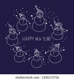 Funny hand draw  vector snowman new year card