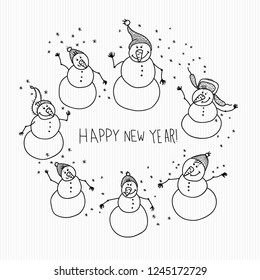 Funny hand draw  vector snowman new year card