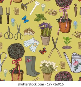 Funny hand drawing garden pattern. Vector illustration.  Seamless pattern for fabric, paper and other printing and web projects.